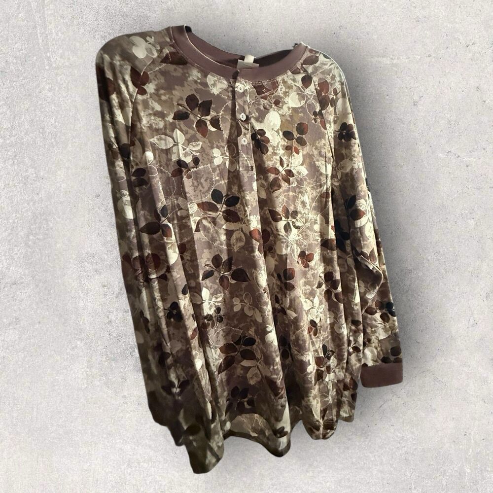 LuLaRoe Mark Henley Shirt Long Sleeve Size 3XL Browns And White Floral Print NWT